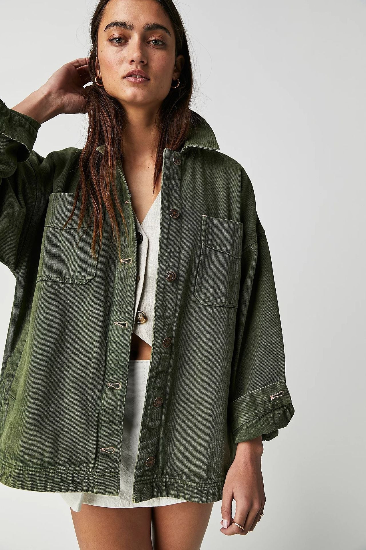 Dame trendy oversized jeansjakke med store lommer Stilla