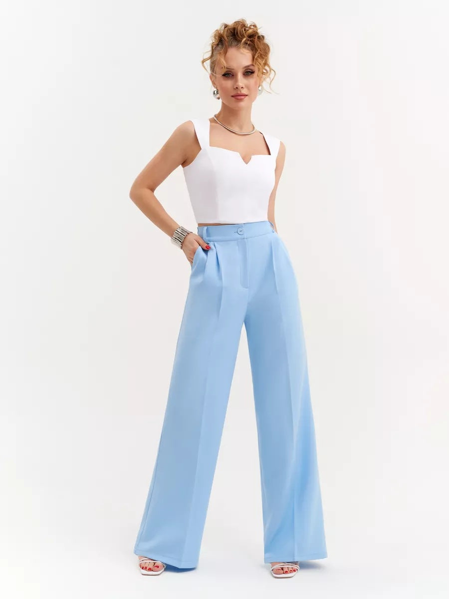 Dame elegant indpakningsoverdel med voluminøse ærmer og højtsiddende palazzo-bukser Stilla