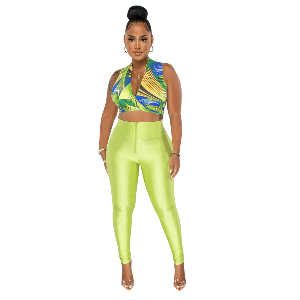 Dame Crop Top og Høj taljede Leggings Sæt med elegant trykdesign Stilla
