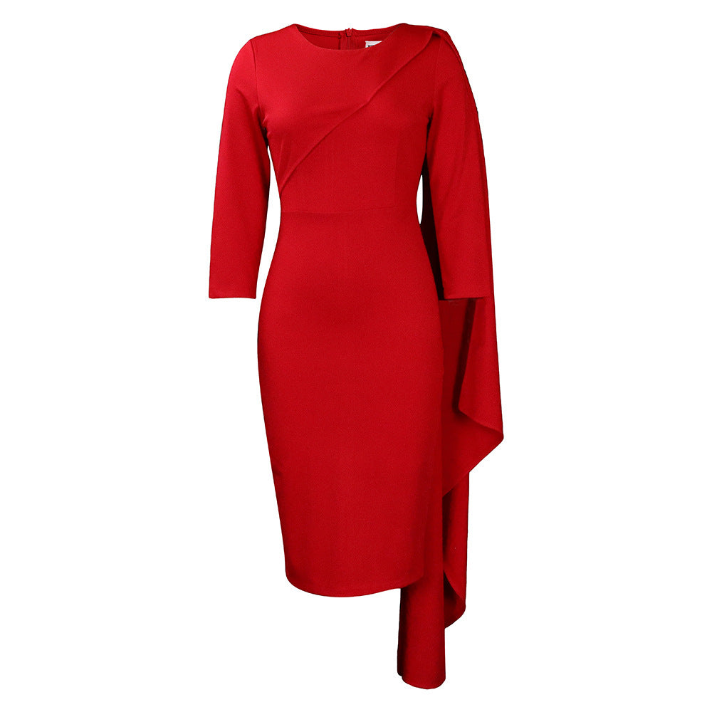 Dame Elegant kjole med asymmetrisk drapering og lange ærmer Stilla