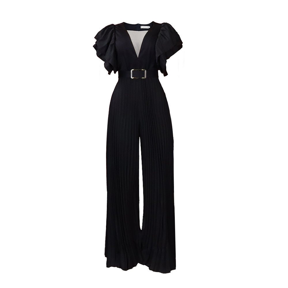 Dame Plisseret Jumpsuit med voluminøse Rynkede ærmer og taljeret Silhuet Stilla