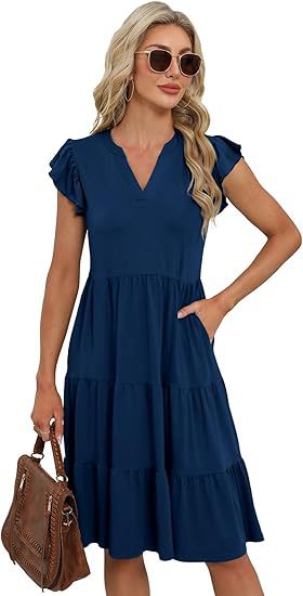 Dame afslappet flæsekjole med lomme og V-udskæring Stilla