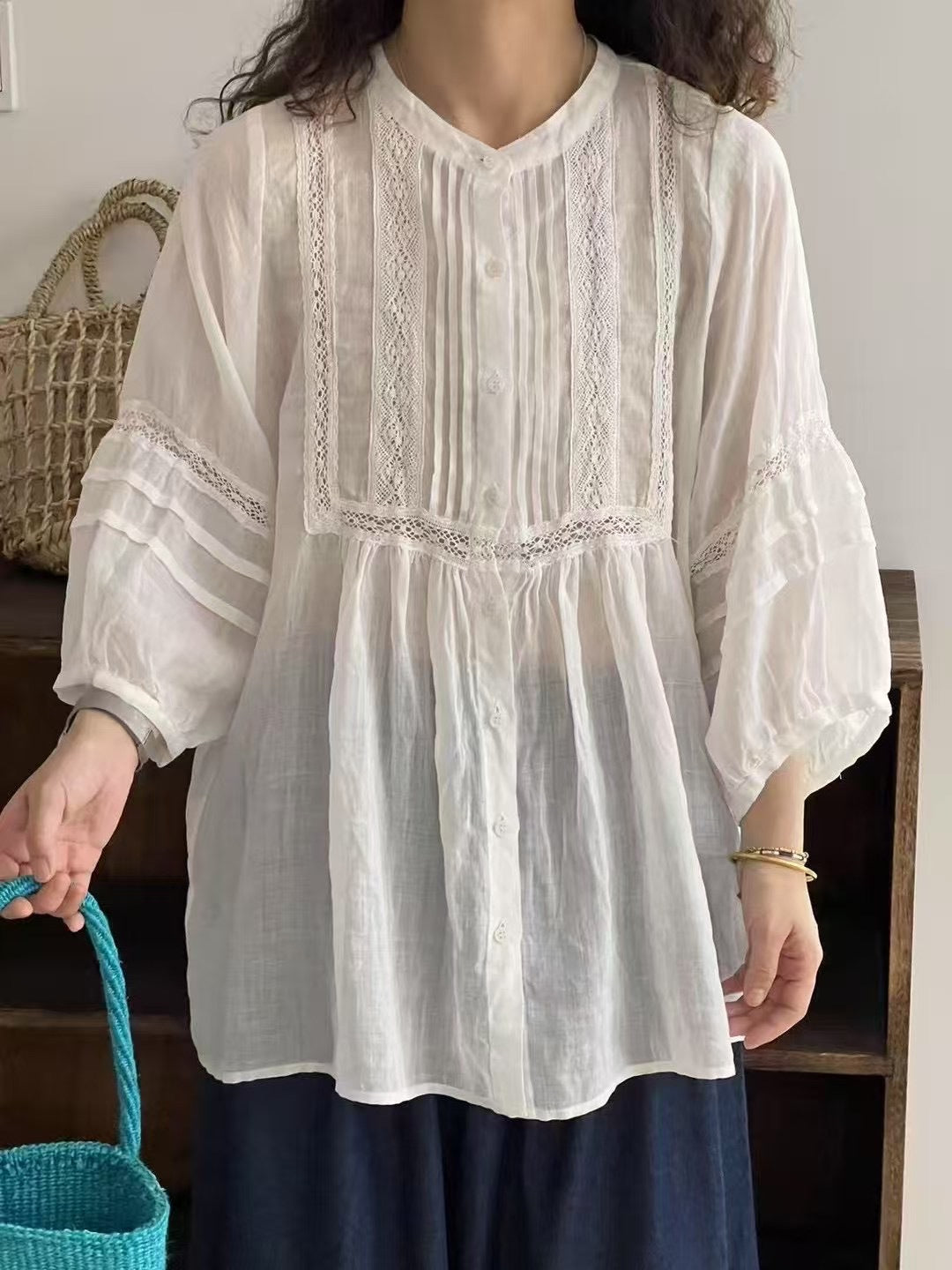 Dame Button-Up Bohemian Bluse med Blonde Stilla