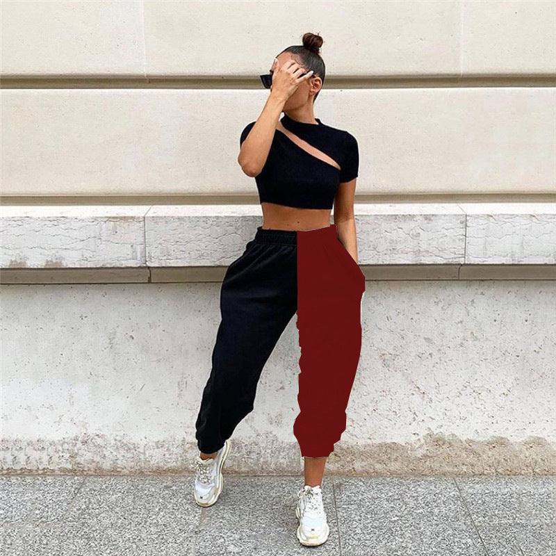Dame Cut-Out Crop Top og Color-Block Joggingbukser Sæt Stilla