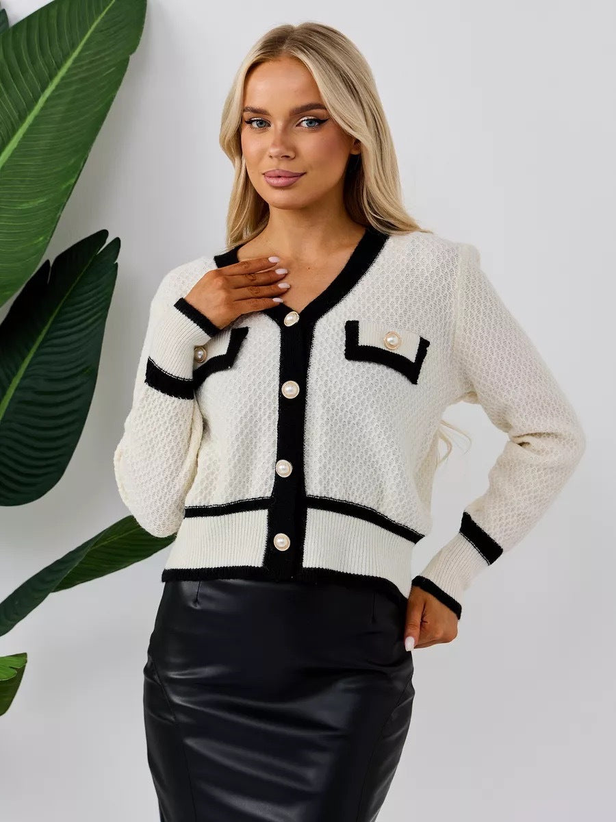 Dame Elegant Knaplukning Strikkardigan med Dekorative Lommer Stilla