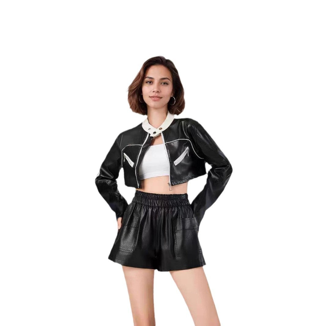 Dame cropped kunstlæderjakke med kontrasterende krave og lynlåslommer Stilla