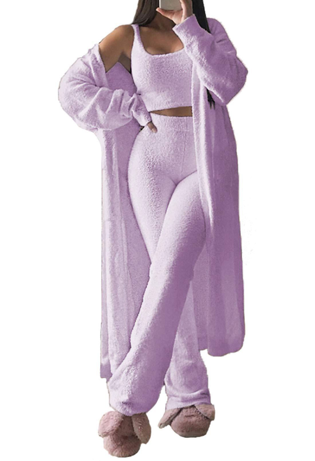 Dame komfortabel strik-loungewear-sæt med cardigan og dyb talje Stilla