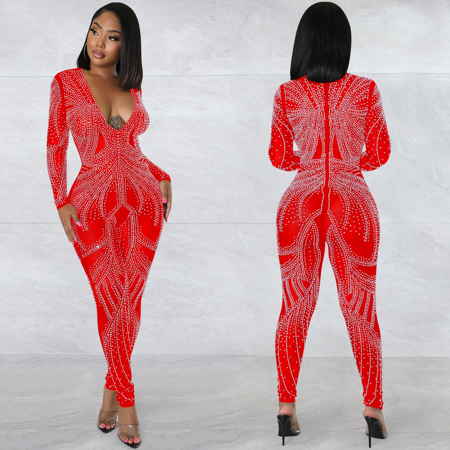 Dame elegant jumpsuit med strassdekorationer og dyb udskæring Stilla