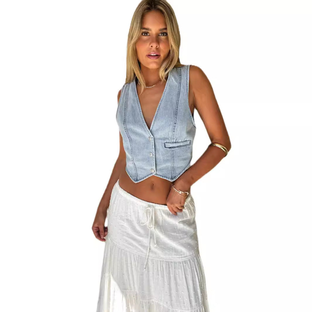 Dame Denim Vest i moderne design med figursyet snit og praktiske lommer Stilla