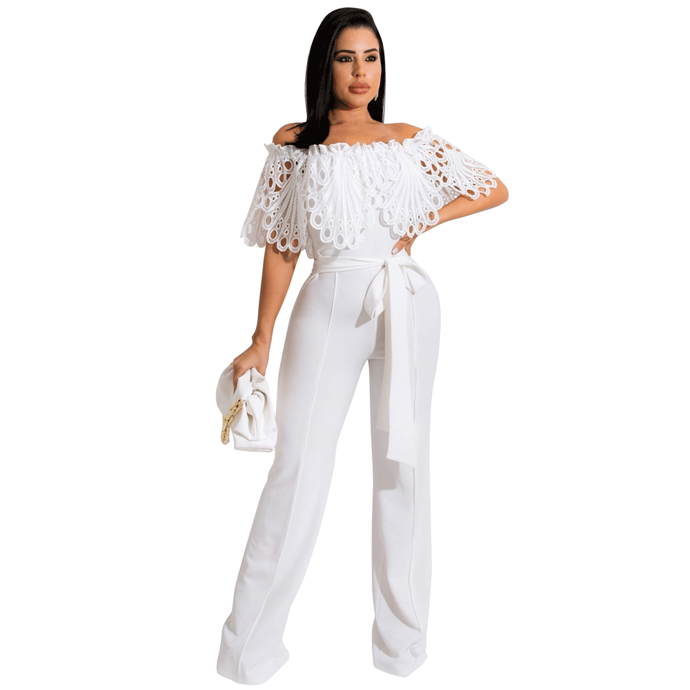 Dame Elegant Off-Shoulder Jumpsuit med dekorativ spids og taljebælte Stilla