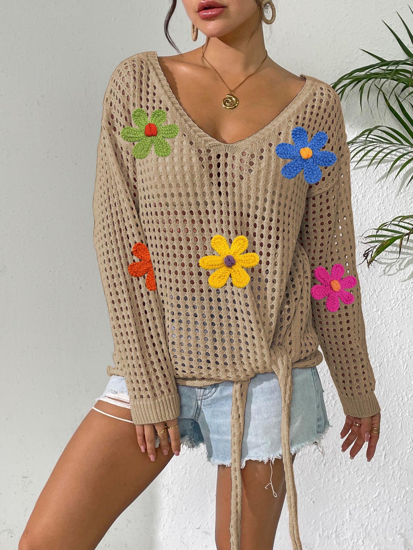 Dame Åben Vævning Floral Strikjakke Stilla