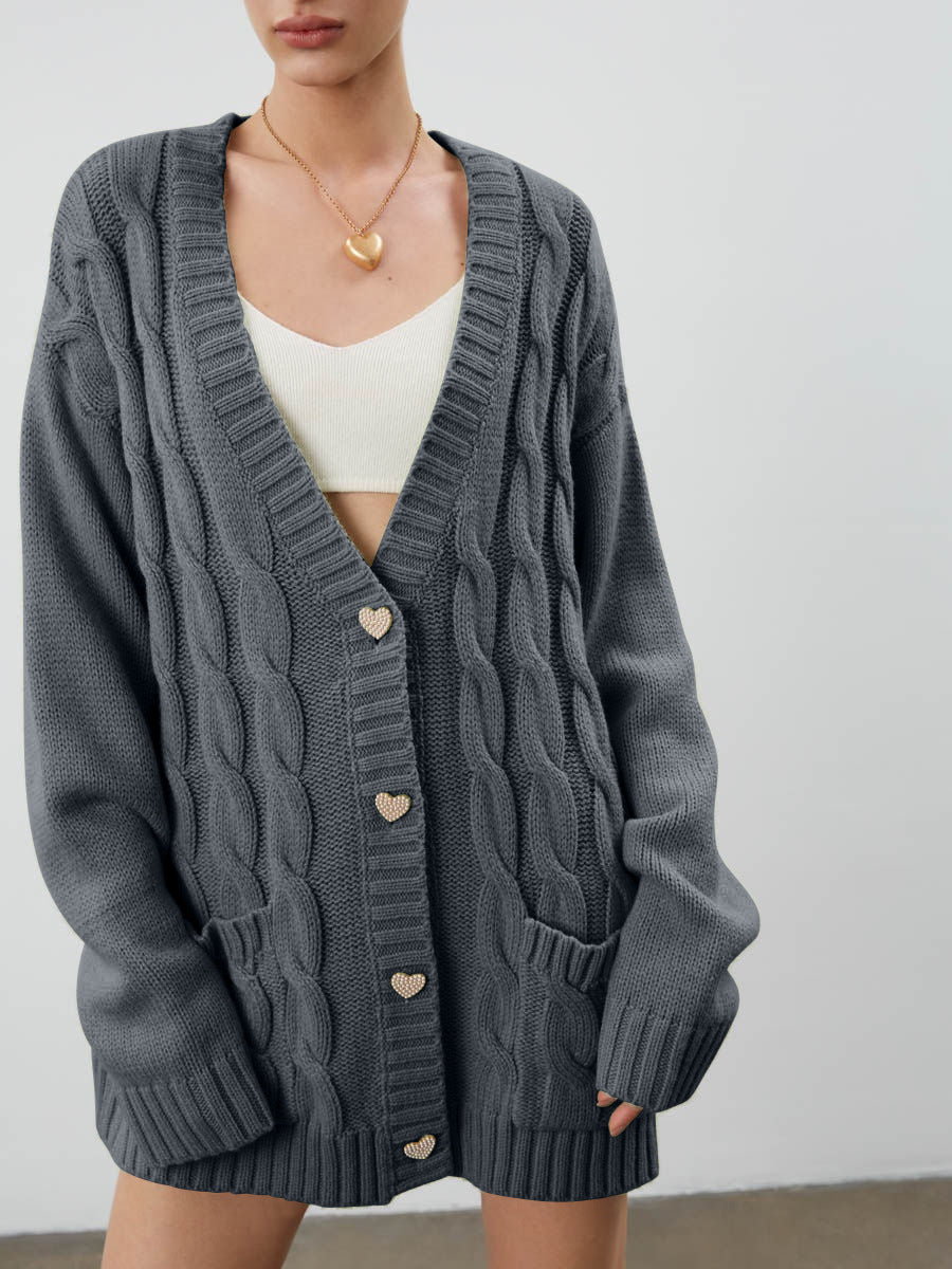 Dame Grovstrik cardigan med hjerteformede knapper og sidelommer Stilla