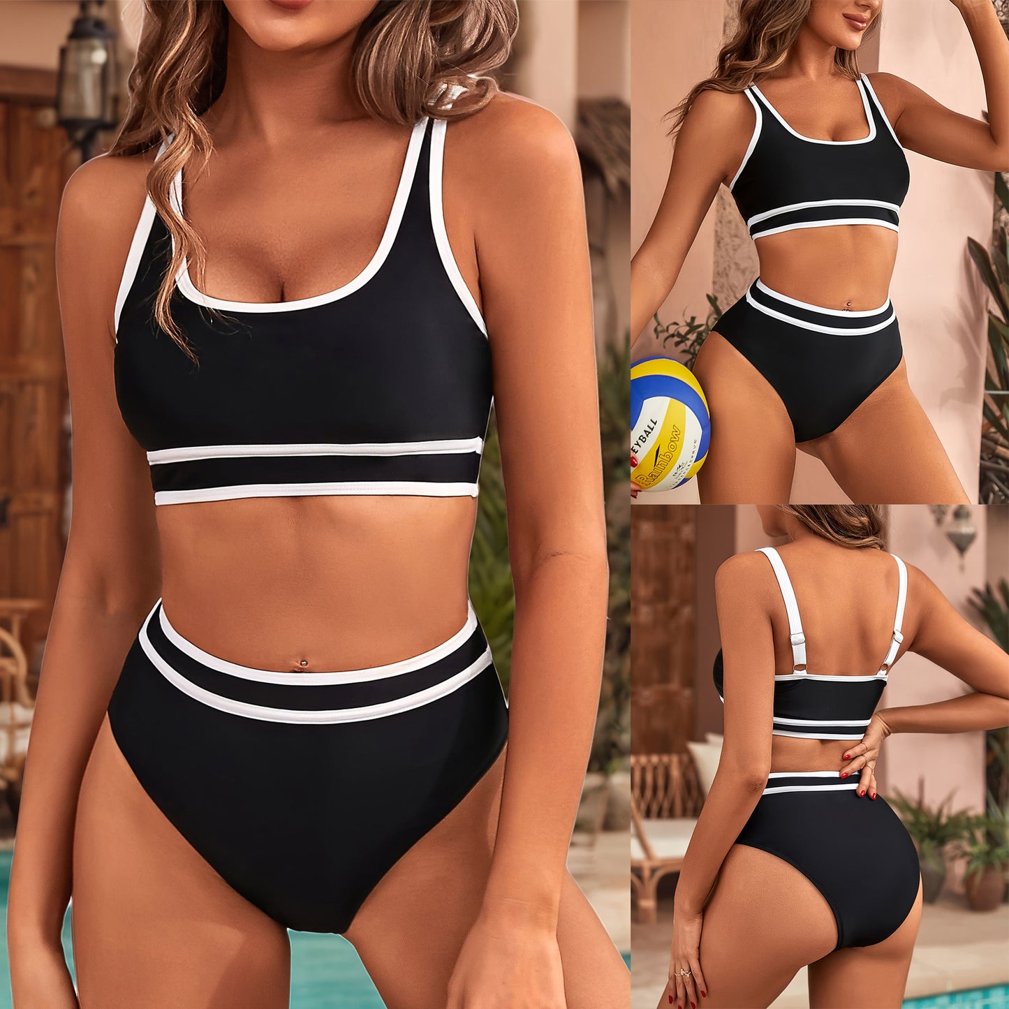 Dame Sportsligt Bikini-sæt med højt snit og kontrasterende detaljer Stilla