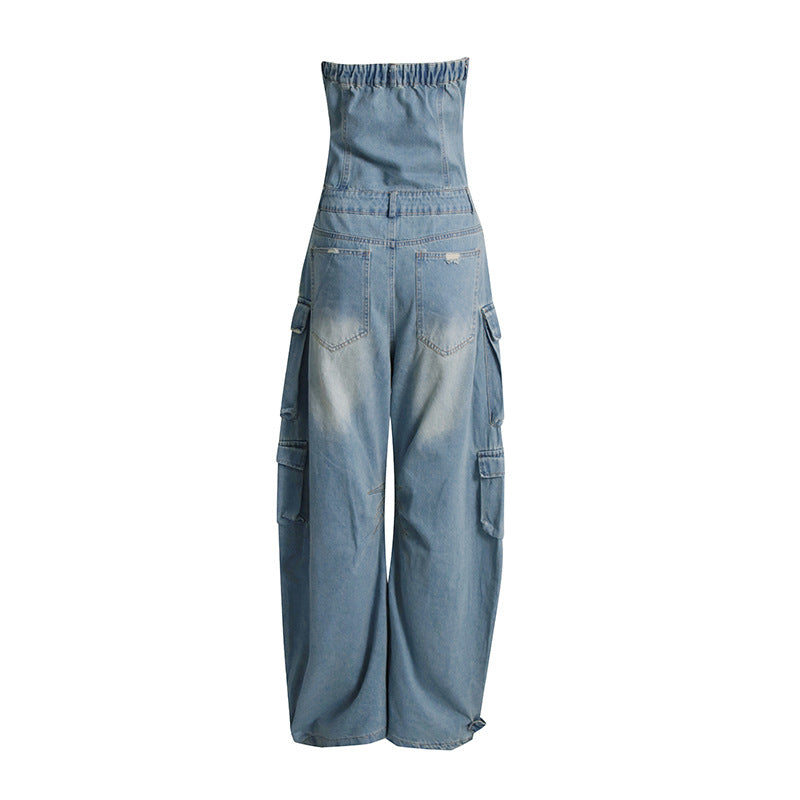 Stilla | Multi Pocket Ripped Waist Slimming Sexy Tube Top Tooling Denim Jumpsuit Kvinder