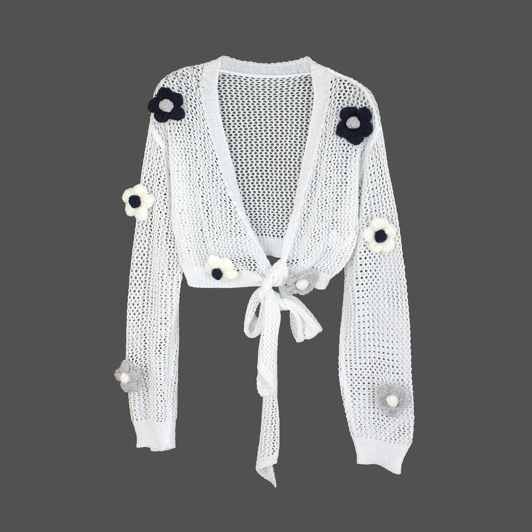 Dame luftig strikcardigan med blomstret design og bundet kant Stilla