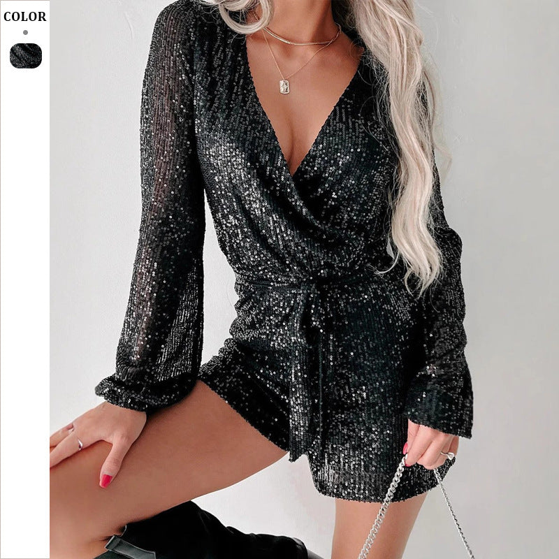 Dame Funklende Jumpsuit med V-hals og lange ærmer Stilla