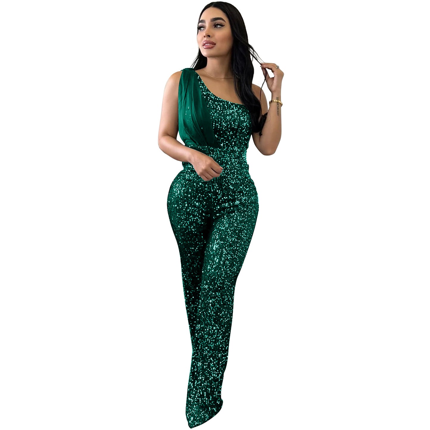 Dame Elegant Paillet-Jumpsuit med asymmetrisk udskæring og figursyet pasform Stilla