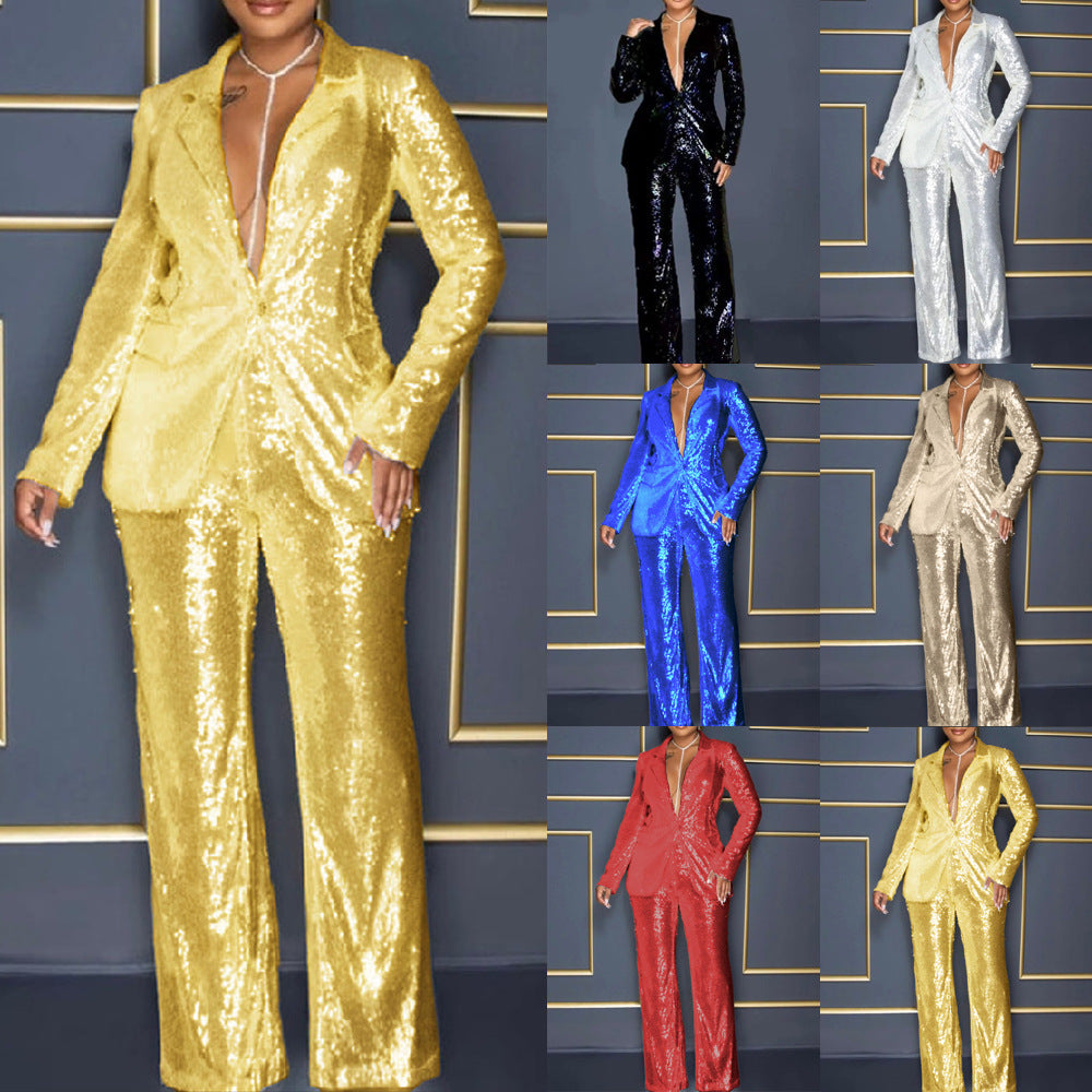 Dame Glitterende Jumpsuit sæt med tætsiddende silhuet og glitrende detaljer Stilla