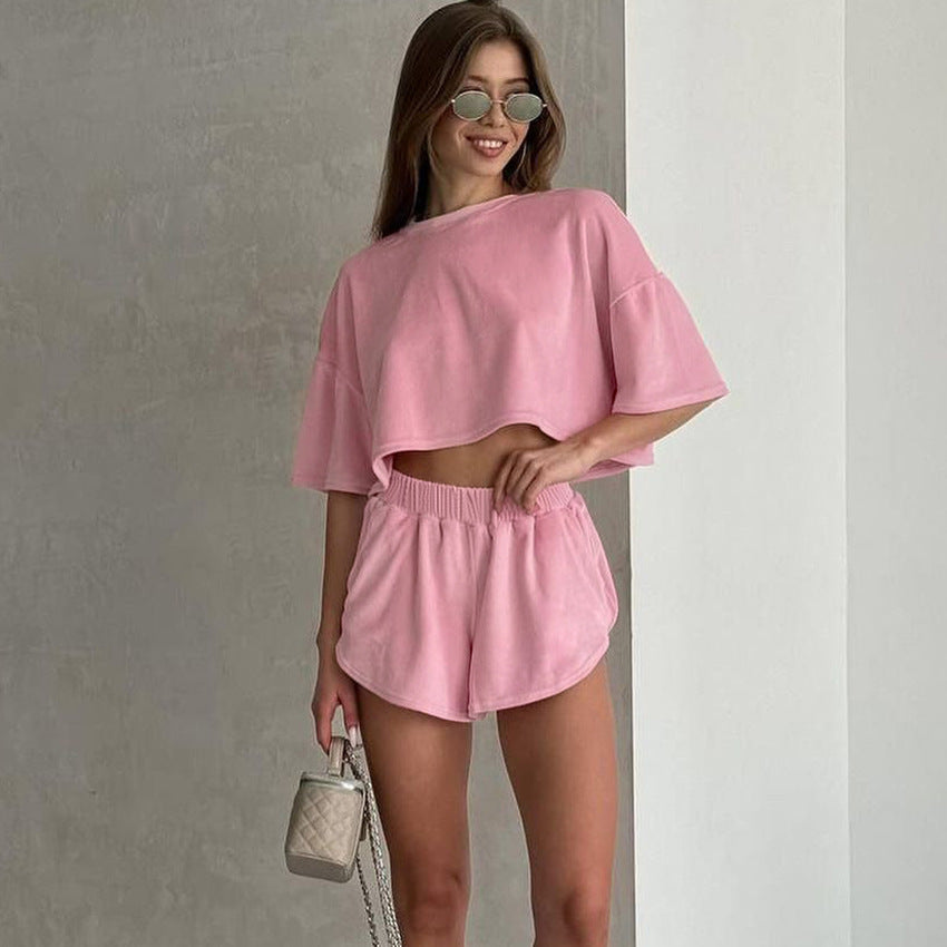 Dame afslappet kortærmet top og shorts sæt med elastisk talje Stilla