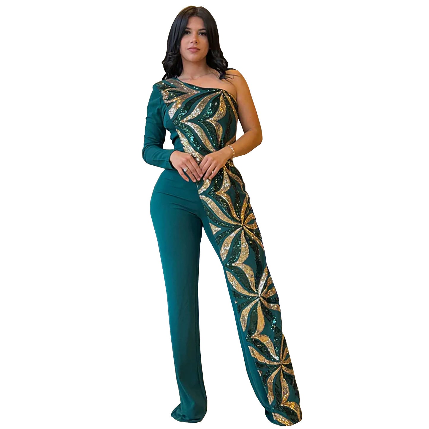 Dame Elegant Jumpsuit med asymmetrisk snit og glitrende applikationer Stilla