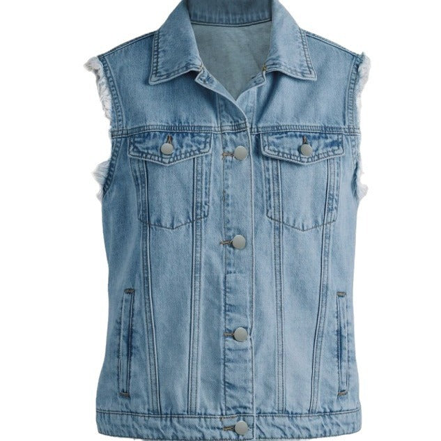 Dame Denim Vest med frynset kanter og funktionelle lommer Stilla