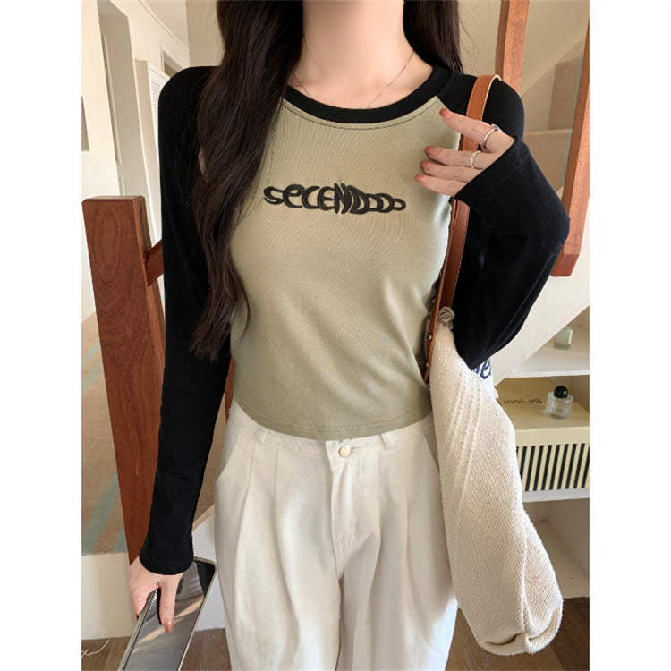 Dame Cropped Langærmet Graphic Tee med Kontrastærmer Stilla