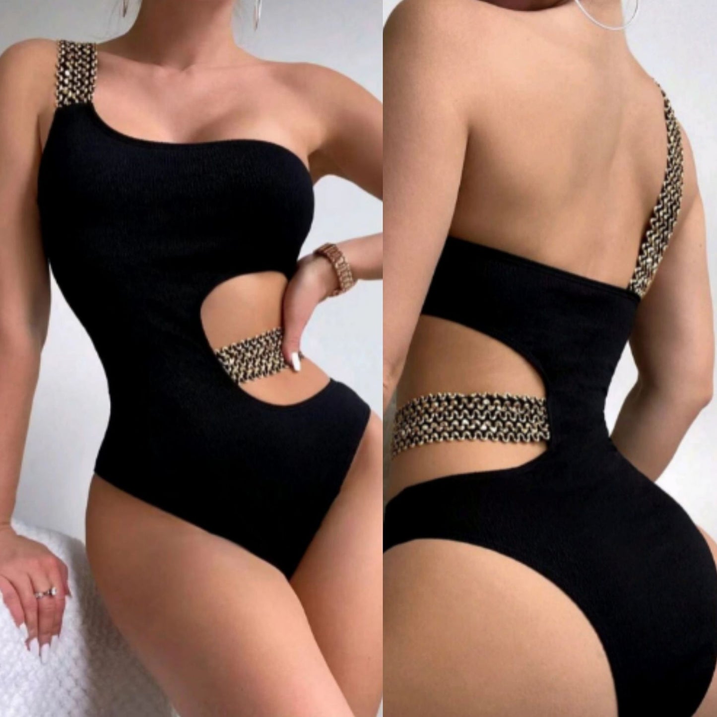 Dame et stykke badetøj med elegant cut-out-design og glamorøs kædeaccent Stilla