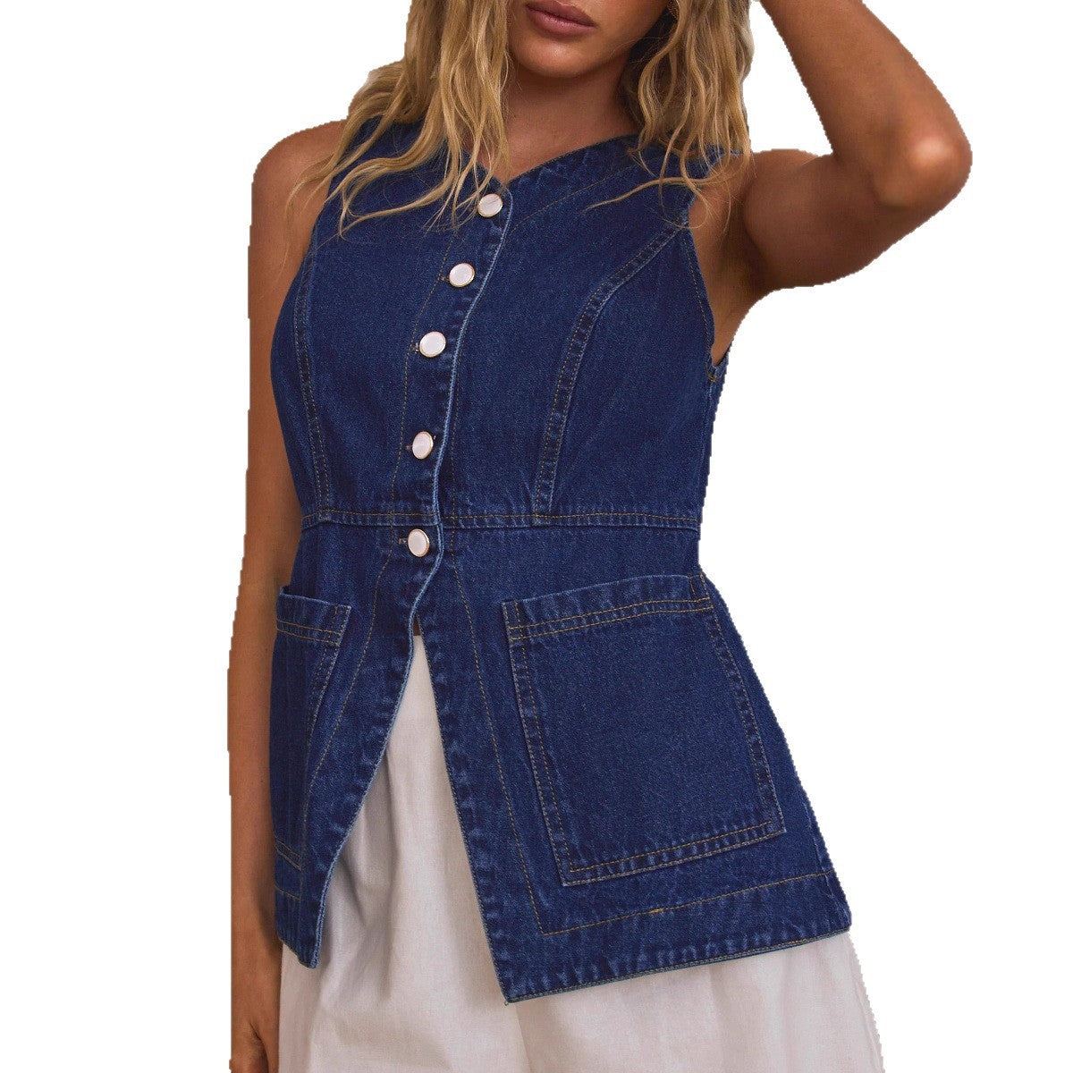 Dame Denim Vest med knapdetaljer og hofte-langt snit Stilla