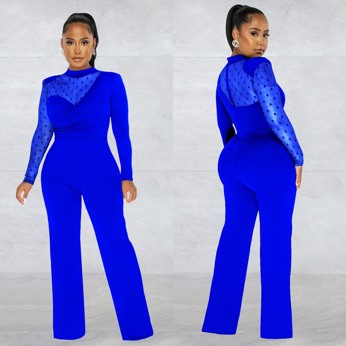Dame Elegant Jumpsuit med transparente ærmer og stilfuld indpakningsdesign Stilla