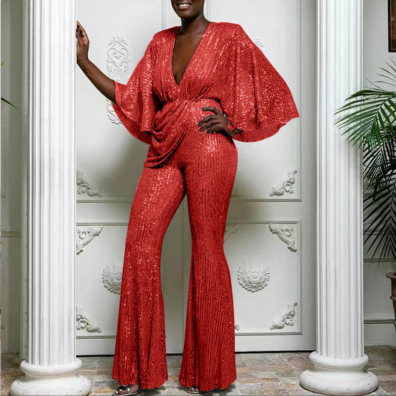 Dame Glamourøs Jumpsuit med funklende Palietter og bredt Ben Stilla
