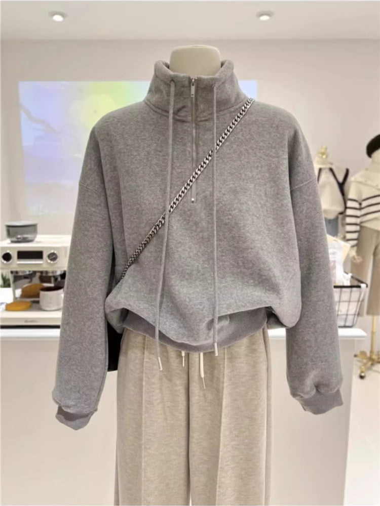 Dame Cropped Zip-Up Fleece Hoodie med justerbar snor Stilla