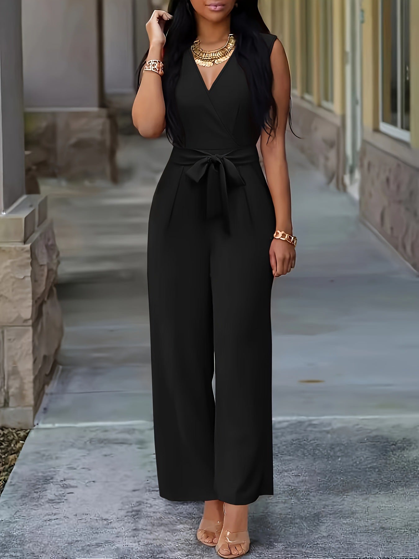 Dame Elegant Jumpsuit med Taljebælte og V-udskæring Stilla