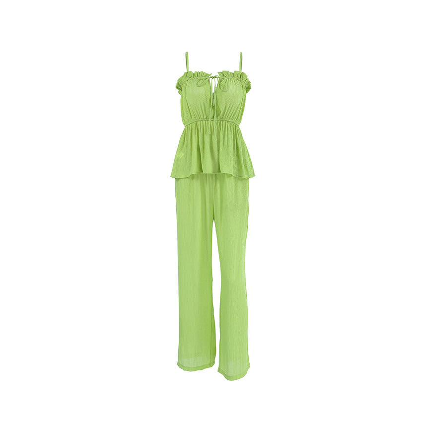 Dame luftig Jumpsuit-sæt med volants detaljer og fashionabel snøre Stilla