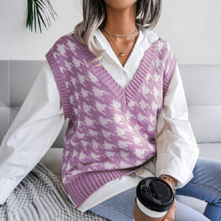 Dame strikvest med moderne houndstooth mønster Stilla