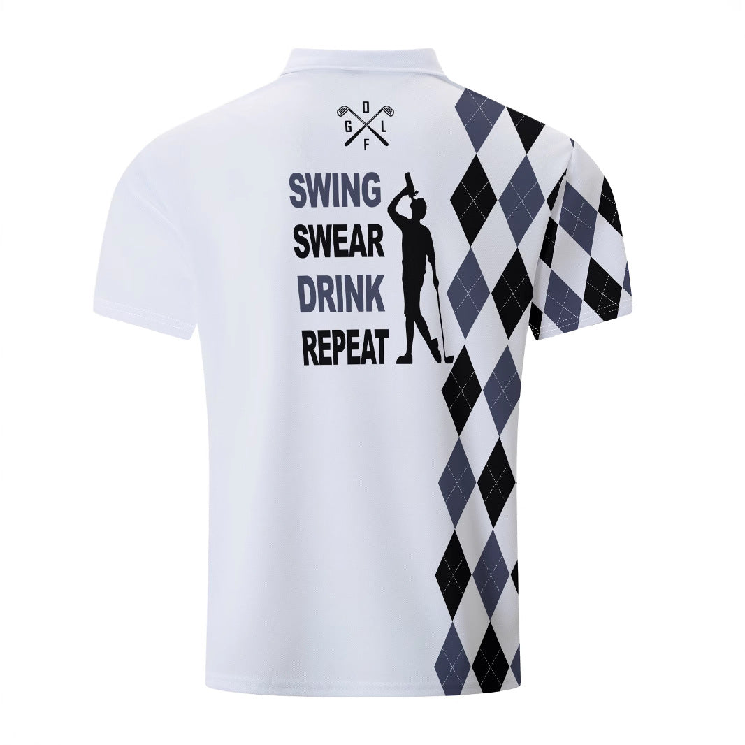 Herre Poloshirt med unikt Skull-Golf-motiv og moderne ternet mønster Stilla