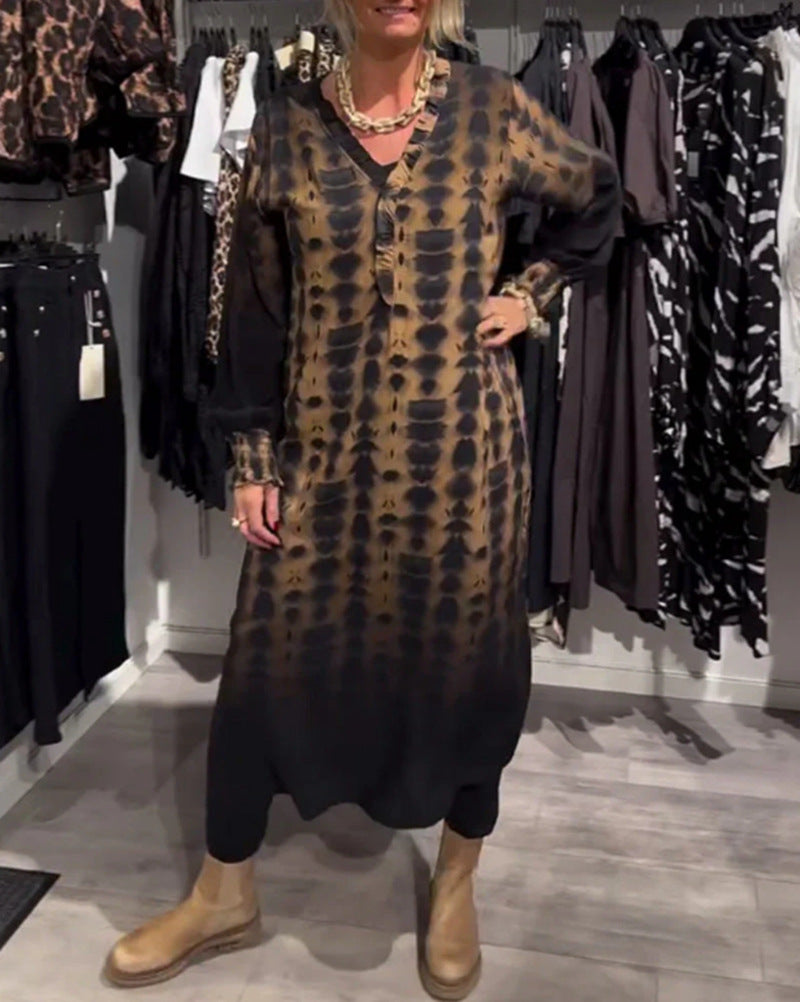 Dame lang skjortekjole med moderne batikdesign Stilla