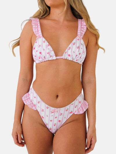 Dame Triangel-Bikini med legende flæsedetaljer og blomster mønster Stilla