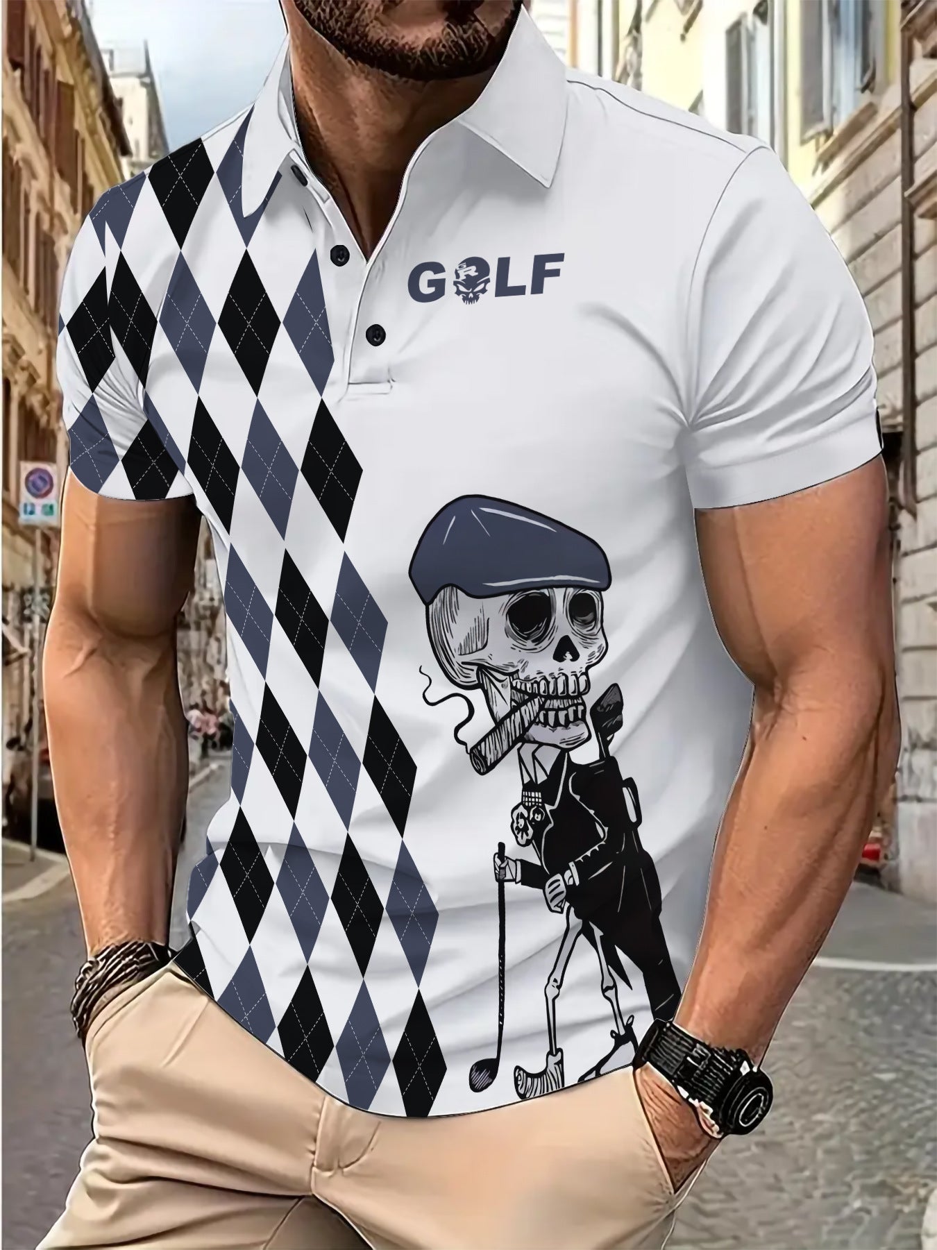 Herre Poloshirt med unikt Skull-Golf-motiv og moderne ternet mønster Stilla