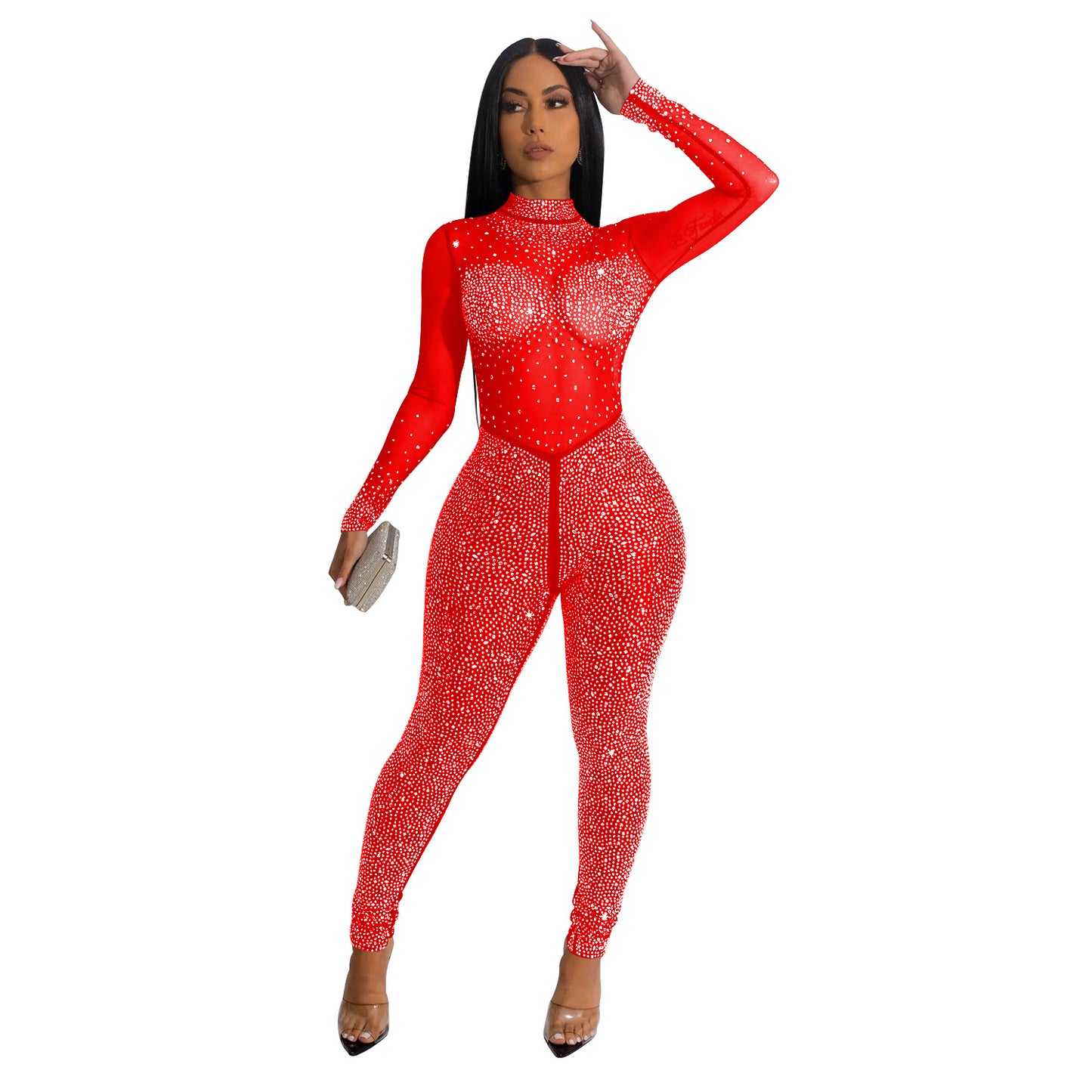 Dame Glitrende Body-Jumpsuit med transparente indsatser og eksklusive strass dekorationer Stilla