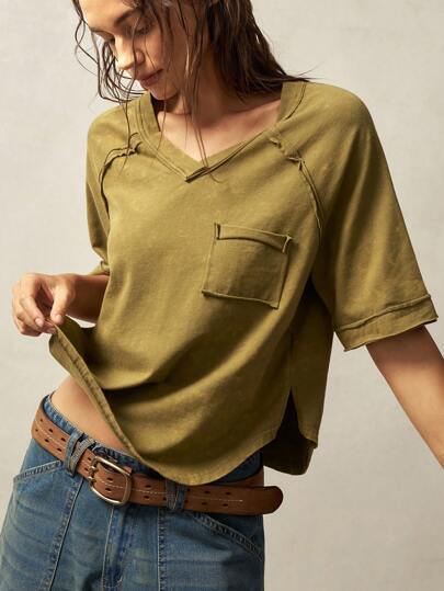 Dame afslappet oversized V-hals T-shirt med brystlomme Stilla