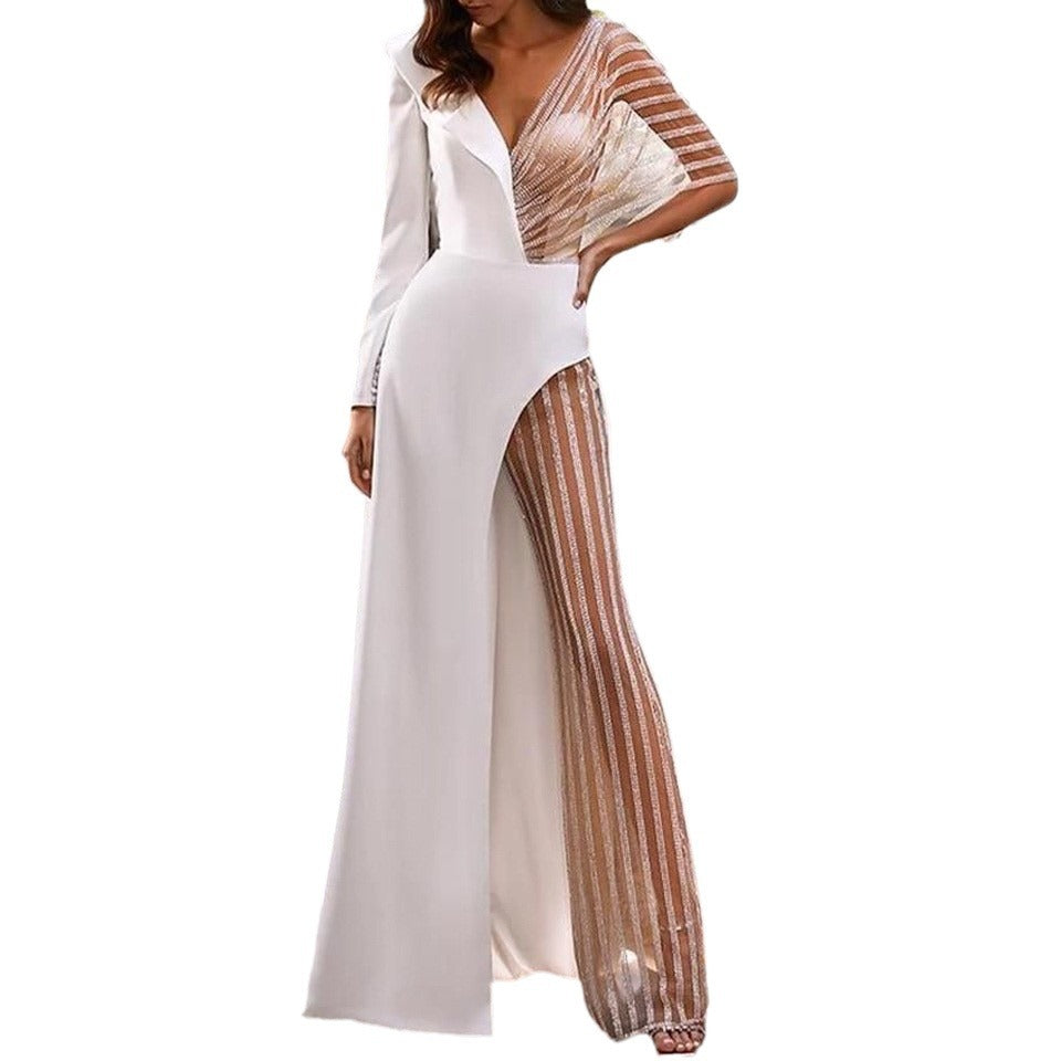 Damer Elegant Couture Jumpsuit med asymmetrisk design og glitrende accenter Stilla