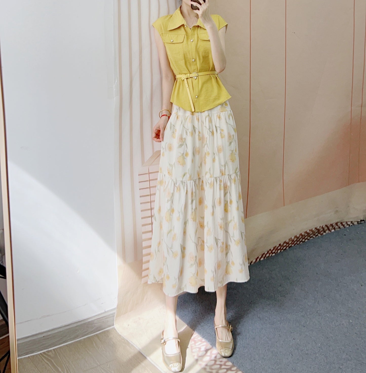 Dame Elegant Modekombination af chic bluse skjorte med bælte og blomster maxi nederdele Stilla