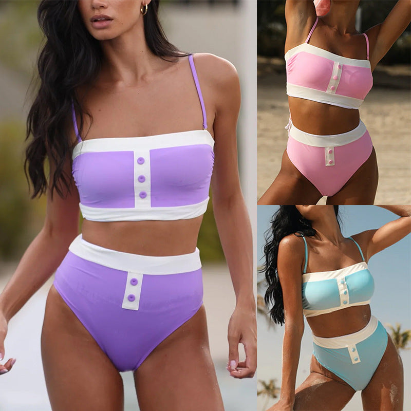 Dame Højskåret Bikini med Knapdetaljer og stilfuld Bandeau-top Stilla