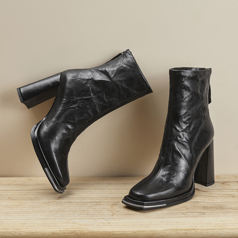 Femme Chunky Heel Læder Ankelstøvler med Lynlås Stilla