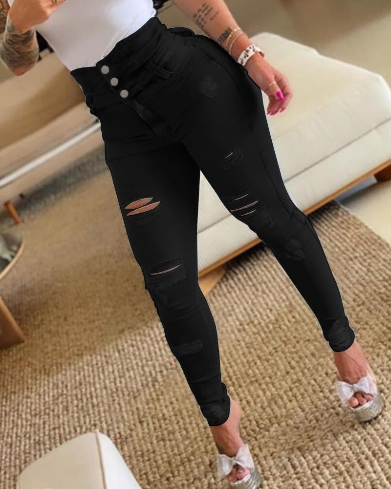 Dame Slim Fit Jeans med højtalje og moderne destroyed-detaljer Stilla