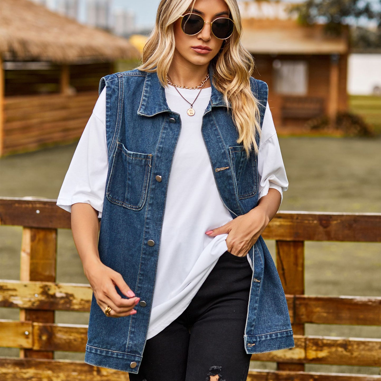 Dame denim-vest i elegant oversized-snit med praktiske lommer Stilla