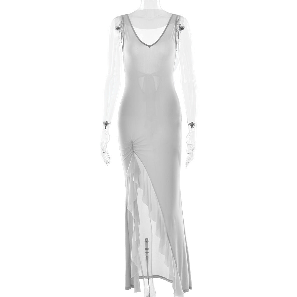 Dame Elegant aftenkjole med transparente flæser og forførende V-udskæring Stilla