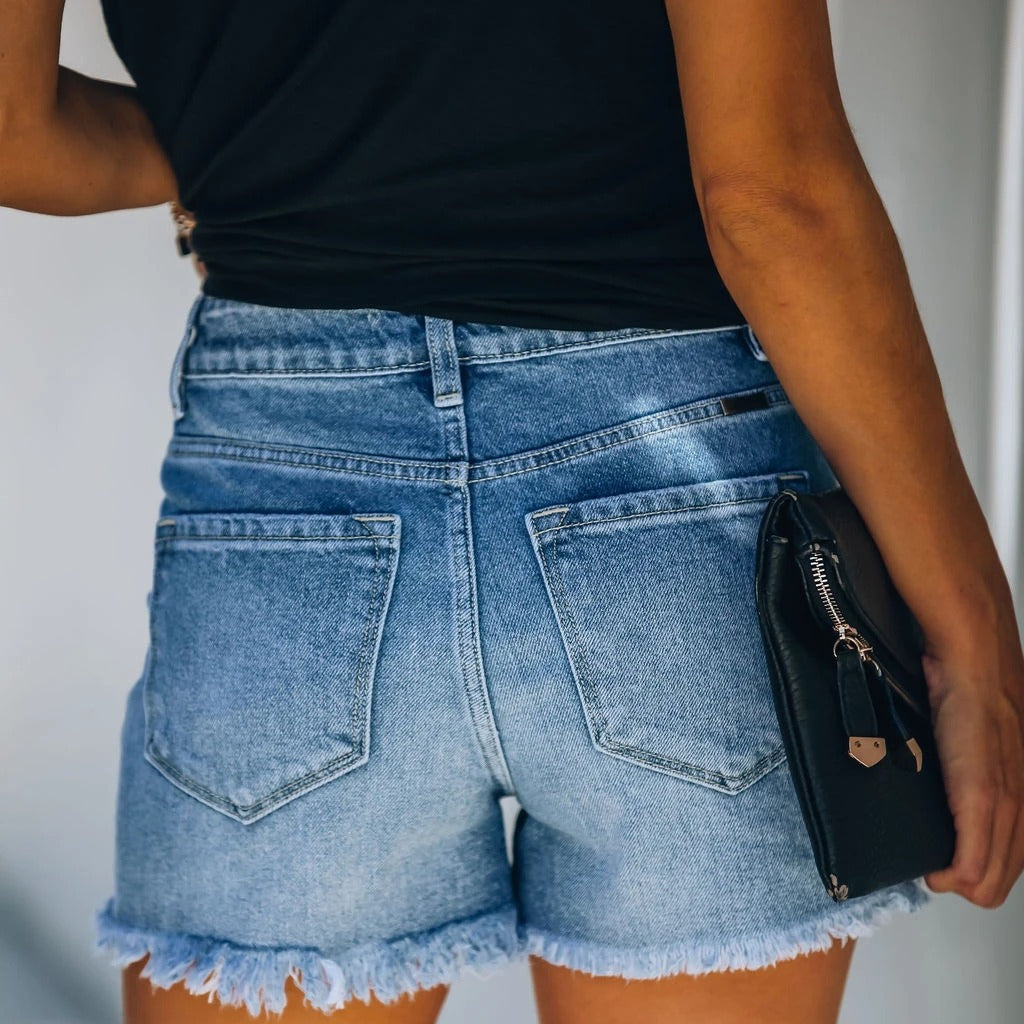 Dame denim shorts i afslappet destroyed-look med høj talje og frynset kant Stilla