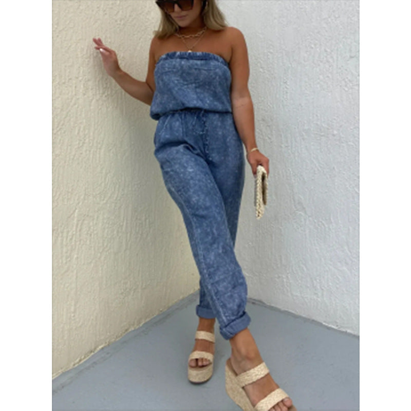 Dame jumpsuit med skulderfri silhuet og elastisk talje Stilla