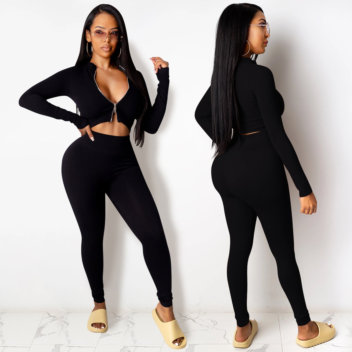 Dame Crop-Top og High-Waist Leggings Sæt med Lynlås Stilla